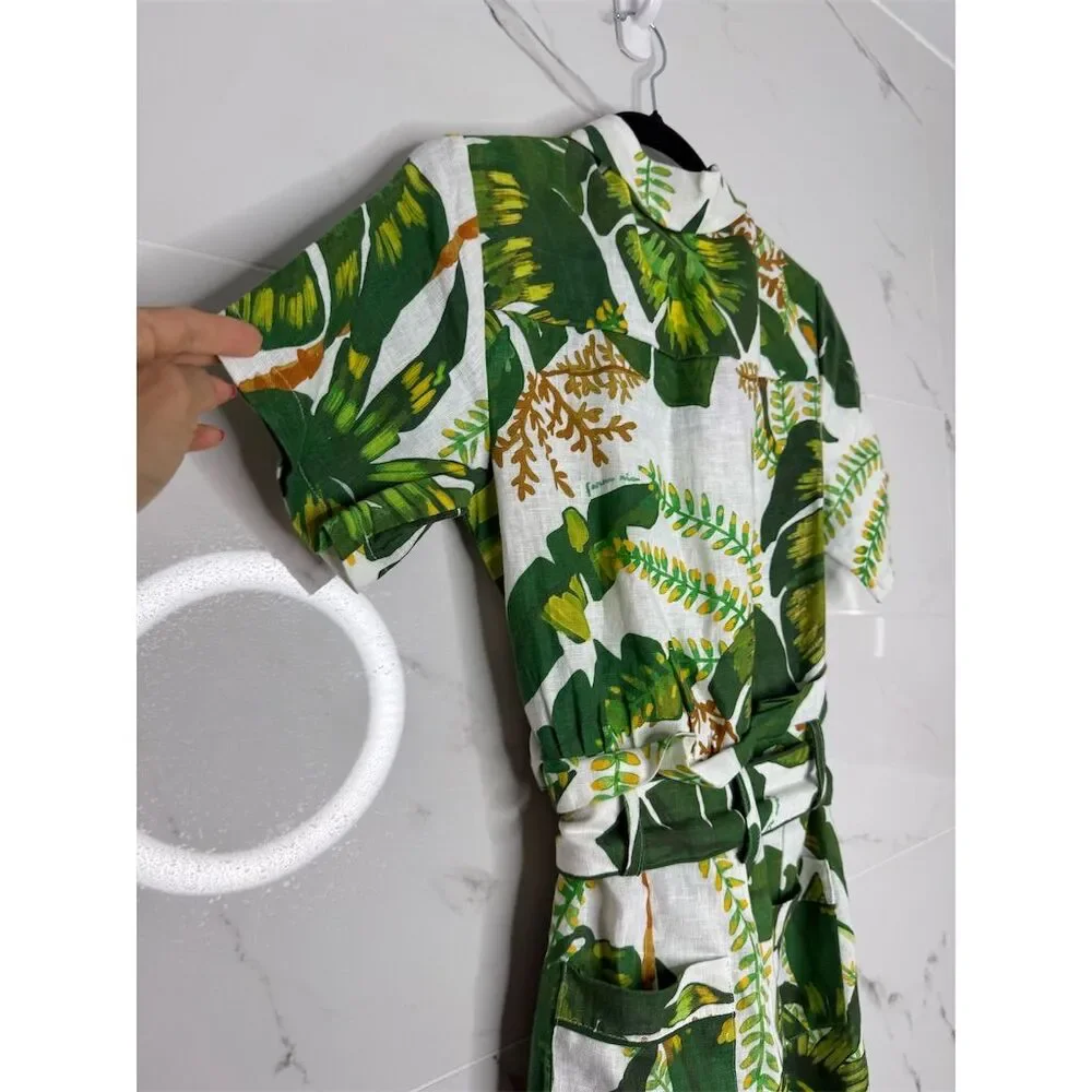 Farm Rio XXS Green white Tropical Leaf Print Jumpsuit Linen Resort Anthropologie - Picture 12 of 16